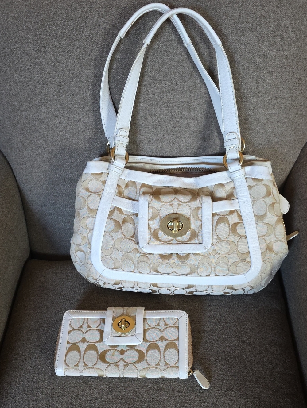 Coach Beige and White Signature Canvas Shoulder Bag with Matching Wallet
